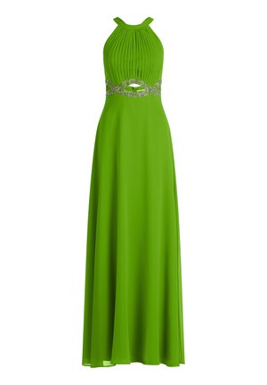 Abito lungo verde brillante con scollo halter, corpino plissettato, vita con taglio decorata con cristalli e gonna fluente.