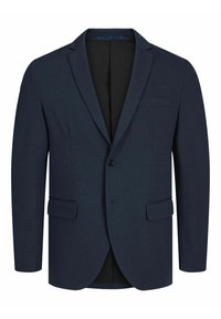 Blazer blu navy realizzato in tessuto texturizzato, con chiusura a un bottone, due tasche frontali e design slim fit.
