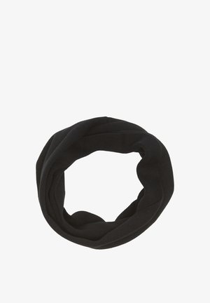 Schwarzer gestrickter Infinity-Schal in lockerer kreisförmiger Anordnung auf weißem Hintergrund.