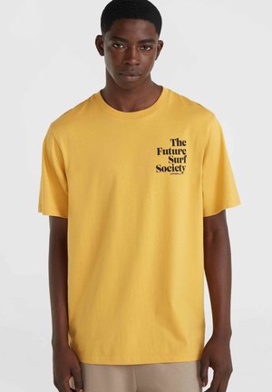 Yellow cotton t-shirt with short sleeves, featuring black text reading "The Future Surf Society" on the front. Smooth texture, standard fit.
