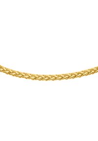 Collier en chaîne dorée avec un design tressé, présentant une finition polie et une texture lisse. La forme est flexible et courbée, adaptée au port.