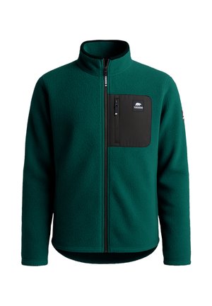 Groene fleecetrui met rits aan de voorkant, hoge kraag en zwarte borstzak. Textuur oppervlak en contrasterende zwarte accenten.