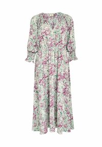 Robe maxi florale avec un décolleté en V, taille smockée et manches bouffantes trois-quarts. Présente un motif de violet, vert et rose sur un fond clair.