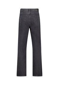 Musta farkut, suora lahje, takanäkymä. Varustettu kahdella takataskulla, joissa on hienovarainen ompelukuvio. Suora pinta, ei näkyvää kulutusta.