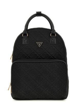 Schwarzer, gesteppter Rucksack aus Stoff, ausgestattet mit einer Reißverschluss-Taschen auf der Vorderseite, zwei oberen Griffen und einem Logoschild auf der Vorderseite.