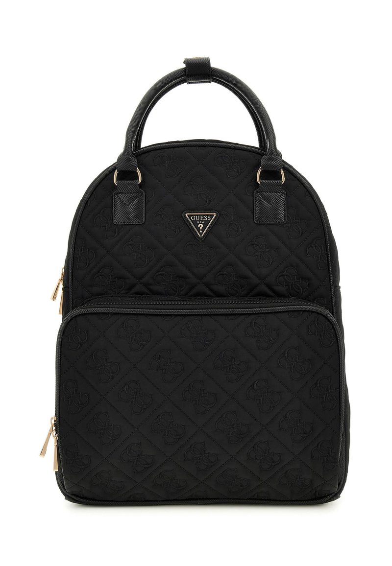 Sac à dos noir matelassé en tissu, avec une poche avant zippée, des poignées supérieures doubles et une plaque logo à l'avant.