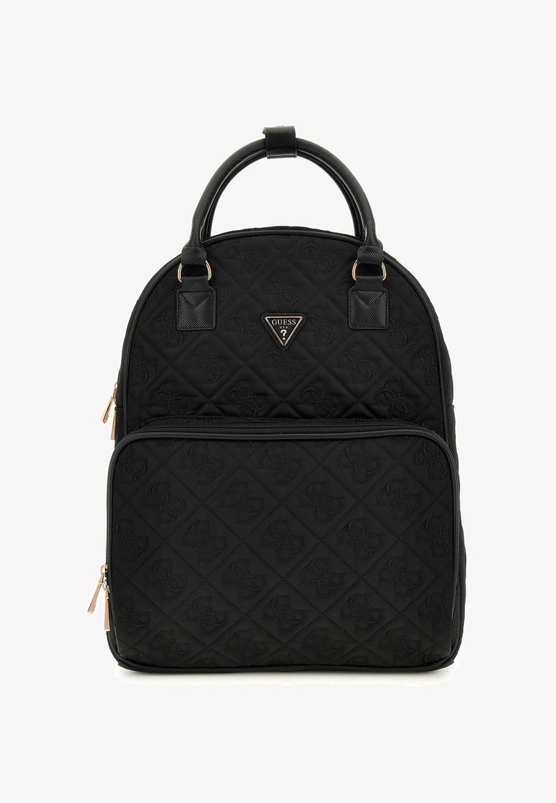 Sac à dos noir matelassé en tissu, avec une poche avant zippée, des poignées supérieures doubles et une plaque logo à l'avant.