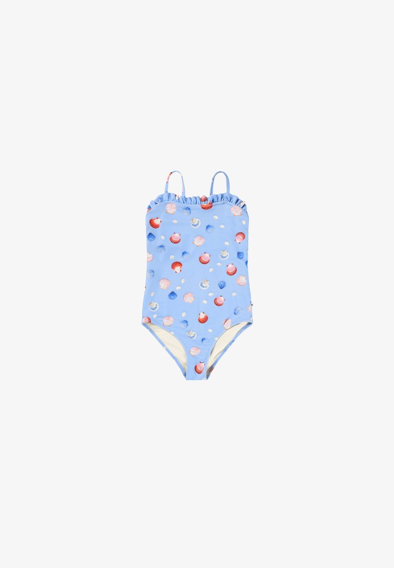 Γαλάζιο ολόσωμο μαγιό με λεπτές τιράντες και διάσπαρτα κόκκινα, ροζ και μπλε μοτίβα κοχυλιών στο ύφασμα.