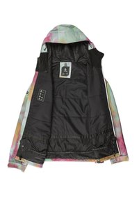 Multicolore capuchonjack met een tie-dye buitenkant, zwarte binnenkant, verstelbare tailleband en merklabels op de binnenvoering.