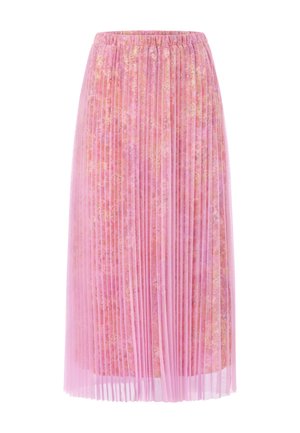 Pink midi-length pleated skirt with floral pattern and elastic waistband on a white background.