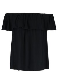 Haut noir décolleté épaules en tissu léger, avec un col à volants et une coupe ample pour le confort.