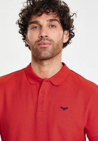 Hombre con cabello rizado y barba clara, vistiendo una camisa polo roja con un pequeño logo bordado en azul marino en el pecho.