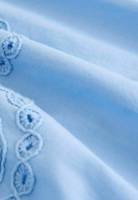 Tessuto azzurro chiaro con delicati motivi circolari ricamati lungo un bordo, dalla texture liscia e morbida.