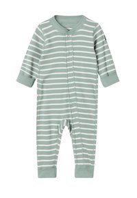 Stribet babybody i blød grøn og hvid bomuld, med lange ærmer, trykknaplukning foran og manchetter ved anklerne. Glat tekstur, afslappet design.