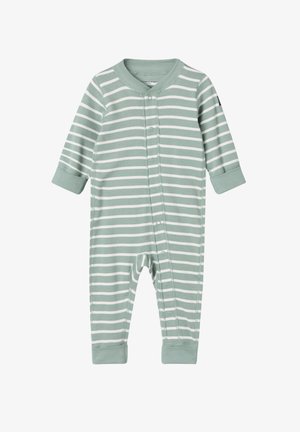 Striped baby onesie in soft green and white cotton, featuring long sleeves, snap front closure, and cuffed ankles. Smooth texture, casual design.