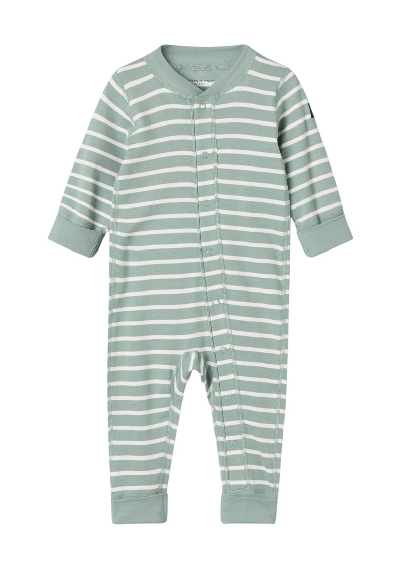 Stribet babybody i blød grøn og hvid bomuld, med lange ærmer, trykknaplukning foran og manchetter ved anklerne. Glat tekstur, afslappet design.