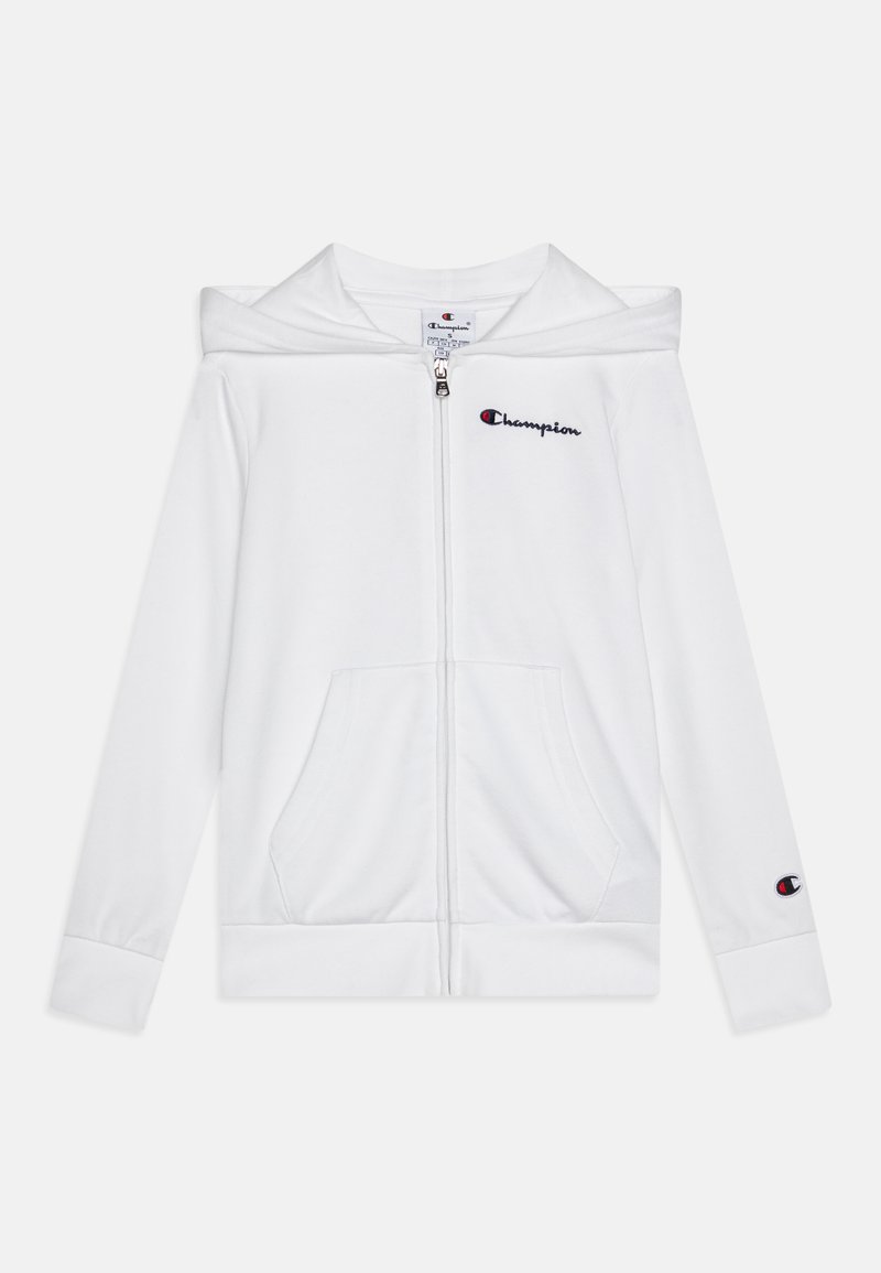 Bijela zip-up dukserica izrađena od mekog materijala, s kapuljačom, prednjim džepovima i izvezenim 'Champion' logom na grudima i rukavu.