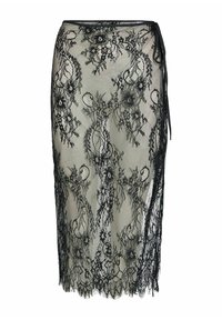 Jupe en dentelle noire avec motifs floraux, texture semi-transparente et ourlet festonné. Se noue à la taille pour un ajustement parfait. Design élégant.