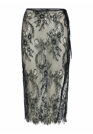 Jupe en dentelle noire avec motifs floraux, texture semi-transparente et ourlet festonné. Se noue à la taille pour un ajustement parfait. Design élégant.