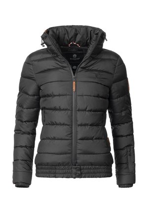 Czarna kurtka puchowa z poziomymi przeszyciami, kapturem, zamkiem błyskawicznym z przodu, elastycznymi mankietami oraz skórzanymi akcentami na przodzie i rękawach.