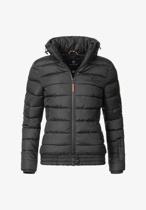 Czarna kurtka puchowa z poziomymi przeszyciami, kapturem, zamkiem błyskawicznym z przodu, elastycznymi mankietami oraz skórzanymi akcentami na przodzie i rękawach.