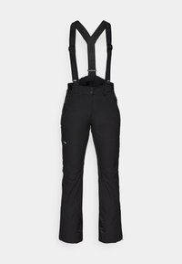 Pantaloni de schi negri cu bretele elastice, talie ajustată și două buzunare laterale. Realizați dintr-un material durabil, impermeabil, cu fermoare de ventilație pe lateral.