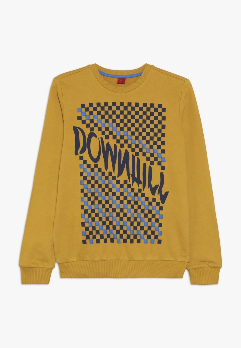 Sweat-shirt manches longues jaune moutarde avec un motif à carreaux noir et bleu et le texte stylisé et déformé "DOWNHILL" sur le devant.