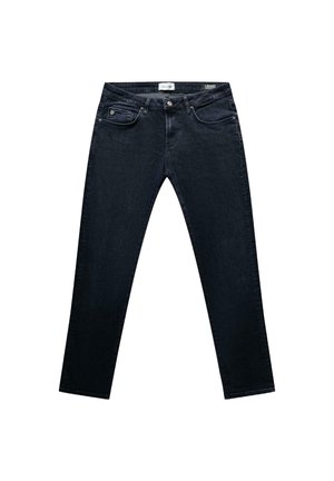 Donkerblauwe denim jeans met een slim-fit pasvorm. Voorzien van een ritssluiting, vijf zakken en een gladde textuur. Gestikte accenten en subtiele merkdetails.