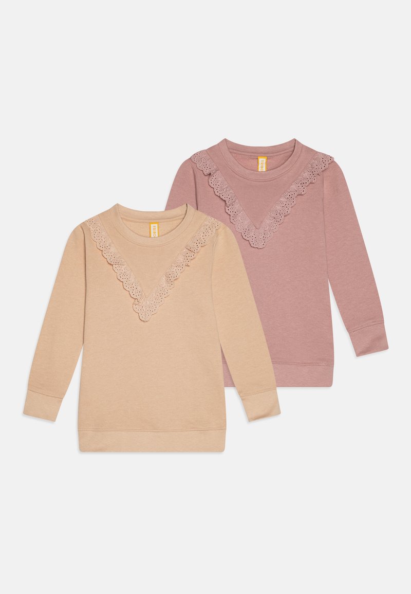 Two long-sleeve sweatshirts featuring lace detail at the V-neckline. One is light beige while the other is mauve. Soft, cotton blend fabric.