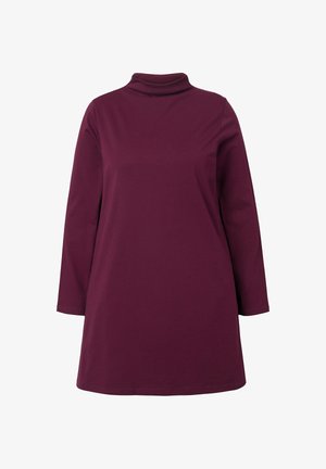 Burgundy puuvillamekko, jossa on korkea kaulus ja pitkät hihat. Mekko on yksinkertainen ja laskeutuu väljästi reiteen puoliväliin.