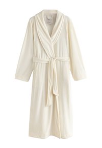 Biały szlafrok z miękkiego, teksturowanego materiału z kołnierzem szalowym, długimi rękawami i paskiem do wiązania w talii. Prosty, klasyczny design.