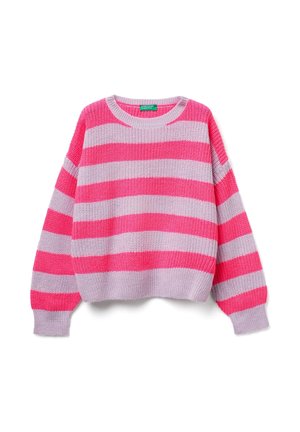 Maglione a maglia con ampie strisce orizzontali in rosa acceso e lavanda chiaro, caratterizzato da maniche lunghe e scollo rotondo.