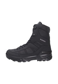 Scarponcino da trekking nero con tomaia sintetica e pannelli in rete, dotato di chiusura con lacci, colletto imbottito e suola in gomma con disegno antiscivolo.