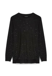 Maglione nero con girocollo, caratterizzato da una sfumatura di strass argento e iridescenti distribuiti dalla cima alla base. Tessuto a maglia morbido.