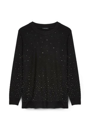 Maglione nero con girocollo, caratterizzato da una sfumatura di strass argento e iridescenti distribuiti dalla cima alla base. Tessuto a maglia morbido.