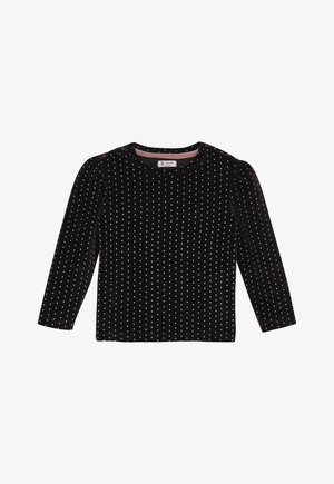 Schwarzes, langärmliges Samtshirt mit weißen Punkten und runden Halsausschnitt, entworfen für Kinder.