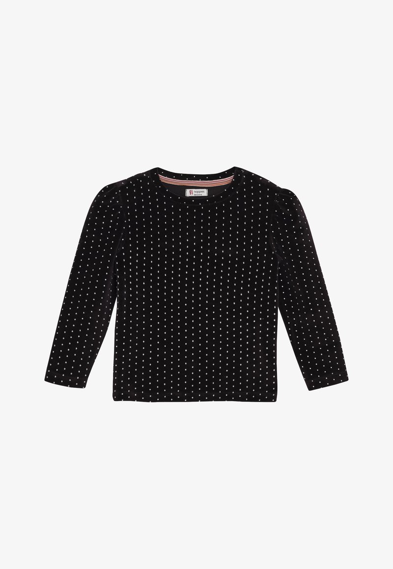 Schwarzes, langärmliges Samtshirt mit weißen Punkten und runden Halsausschnitt, entworfen für Kinder.