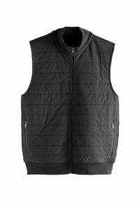 Schwarze gepolsterte Weste mit hohem Kragen, horizontalen Nähten, Frontreißverschluss und zwei seitlichen Reißverschlusstaschen. Glatte Textur.