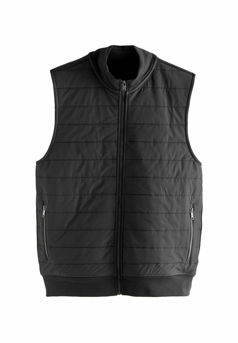 Schwarze gepolsterte Weste mit hohem Kragen, horizontalen Nähten, Frontreißverschluss und zwei seitlichen Reißverschlusstaschen. Glatte Textur.