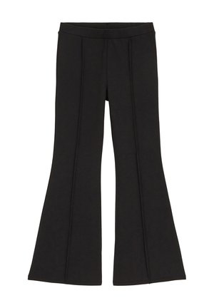 Sorte højtaljede bukser med vide ben og frontsyninger, designet til en tætsiddende pasform omkring talje og hofter.