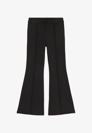 Pantalon noir taille haute évasé avec détails de couture à l'avant et jambes larges, conçu pour une coupe ajustée à la taille et aux hanches.