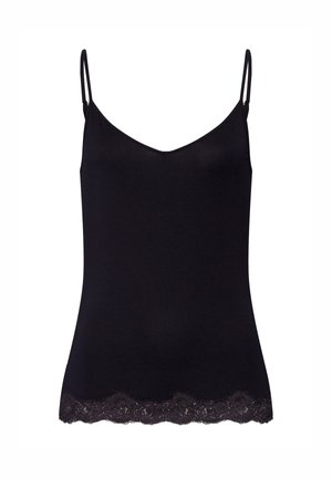 Zwarte camisole met dunne verstelbare banden, een V-hals en een kantafwerking aan de zoom. Gemaakt van een soepele, zachte stof.