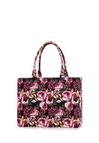 Borsa a tracolla floreale con uno sfondo nero, rose rosa e bianche, foglie dorate e due manici robusti per un facile trasporto.