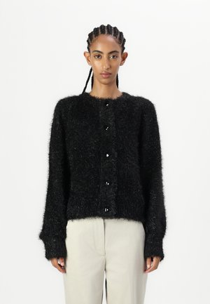 Black fuzzy cardigan made from a soft material with long sleeves, a round neckline, and black buttons along the front.