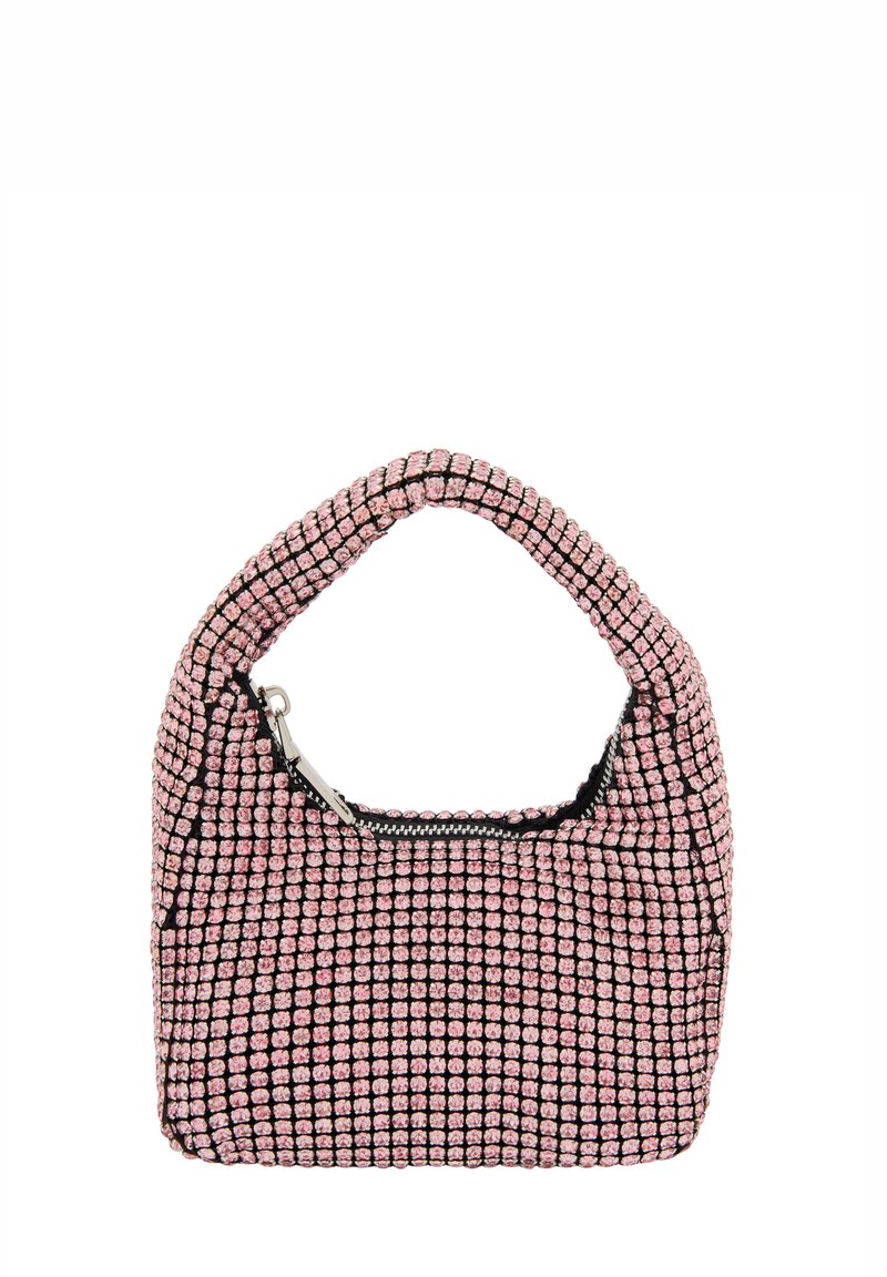Kuličková kabelka s kulatou rukojetí, vyznačující se designem v růžovo-černé mřížce, zipovým uzávěrem a texturovaným povrchem.