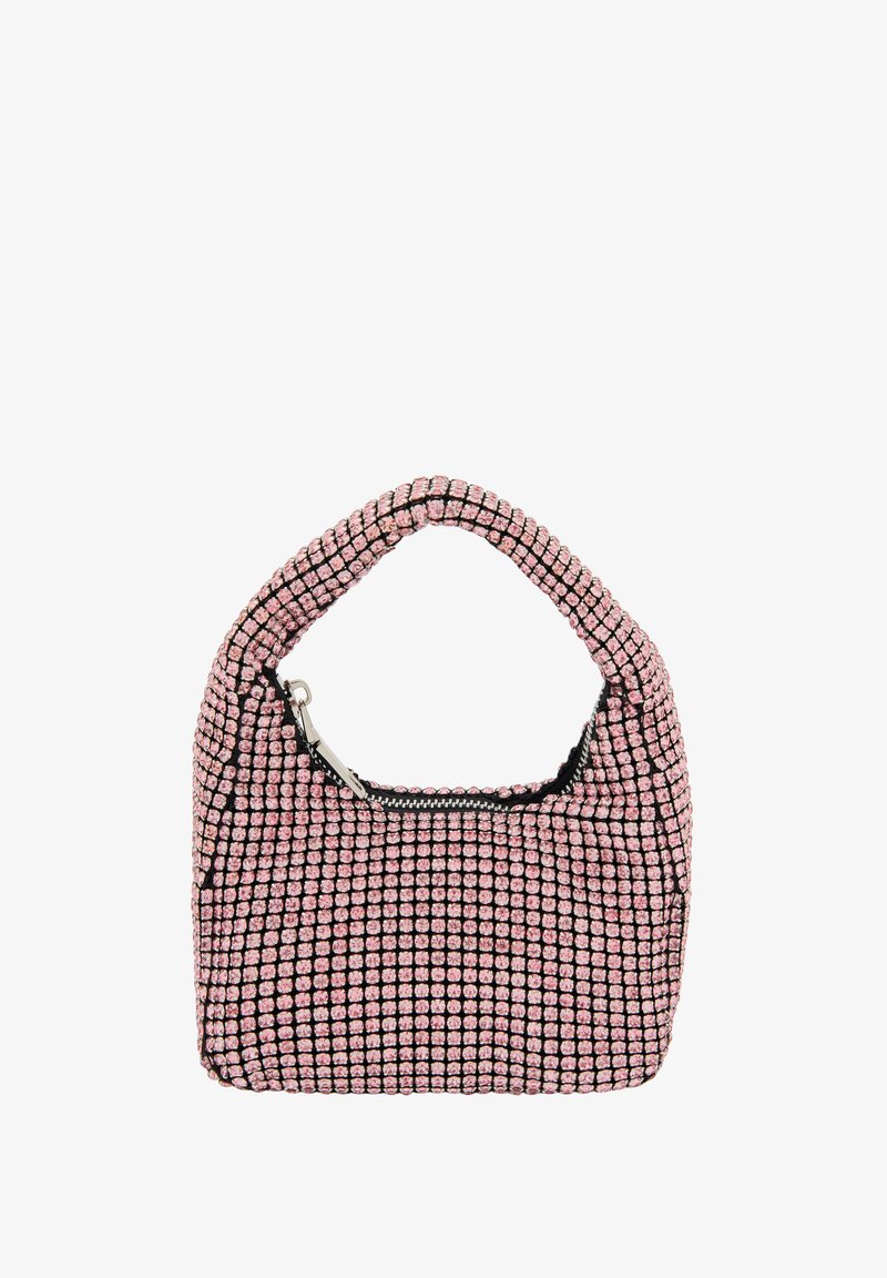 Kuličková kabelka s kulatou rukojetí, vyznačující se designem v růžovo-černé mřížce, zipovým uzávěrem a texturovaným povrchem.