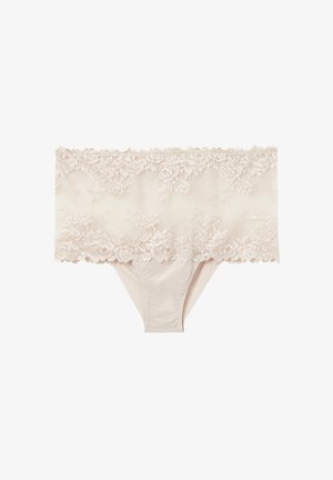 Sous-vêtement féminin beige avec une large ceinture en dentelle florale et un bas en tissu lisse, présenté à plat sur un fond blanc.