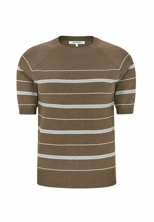 Pruun lühikeste varrukatega kampsun helehalli ja valge horisontaalse triibuga, valmistatud pehmest kangast. Omab ümarat kaelust ja soonilisi mansette.