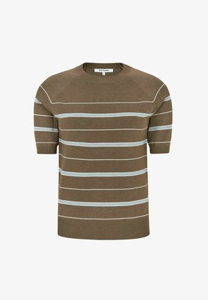 Brown short-sleeve sweater with light blue and white horizontal stripes, made from soft fabric. Features a round neckline and ribbed cuffs.