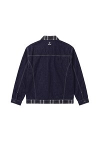 Veste en denim bleu foncé avec surpiqûres blanches, col à carreaux et ourlet, et petit logo blanc PXP centré sous le col dans le dos.